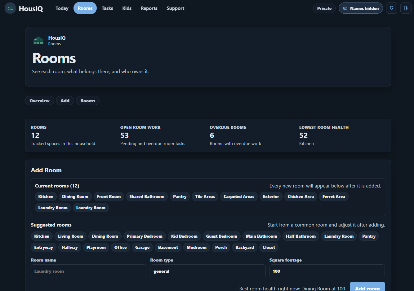HousIQ Rooms page on desktop showing room-based household chores.