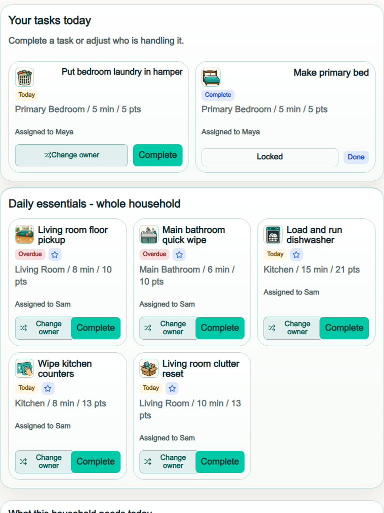 HousIQ Today page on a tablet with daily tasks and progress visible.
