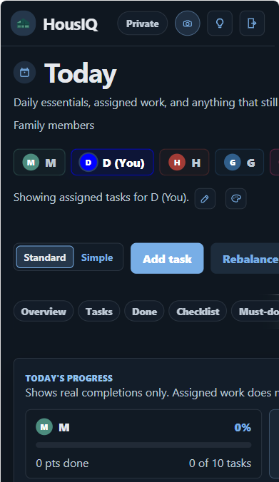 HousIQ Today page on a phone with daily tasks and progress visible.